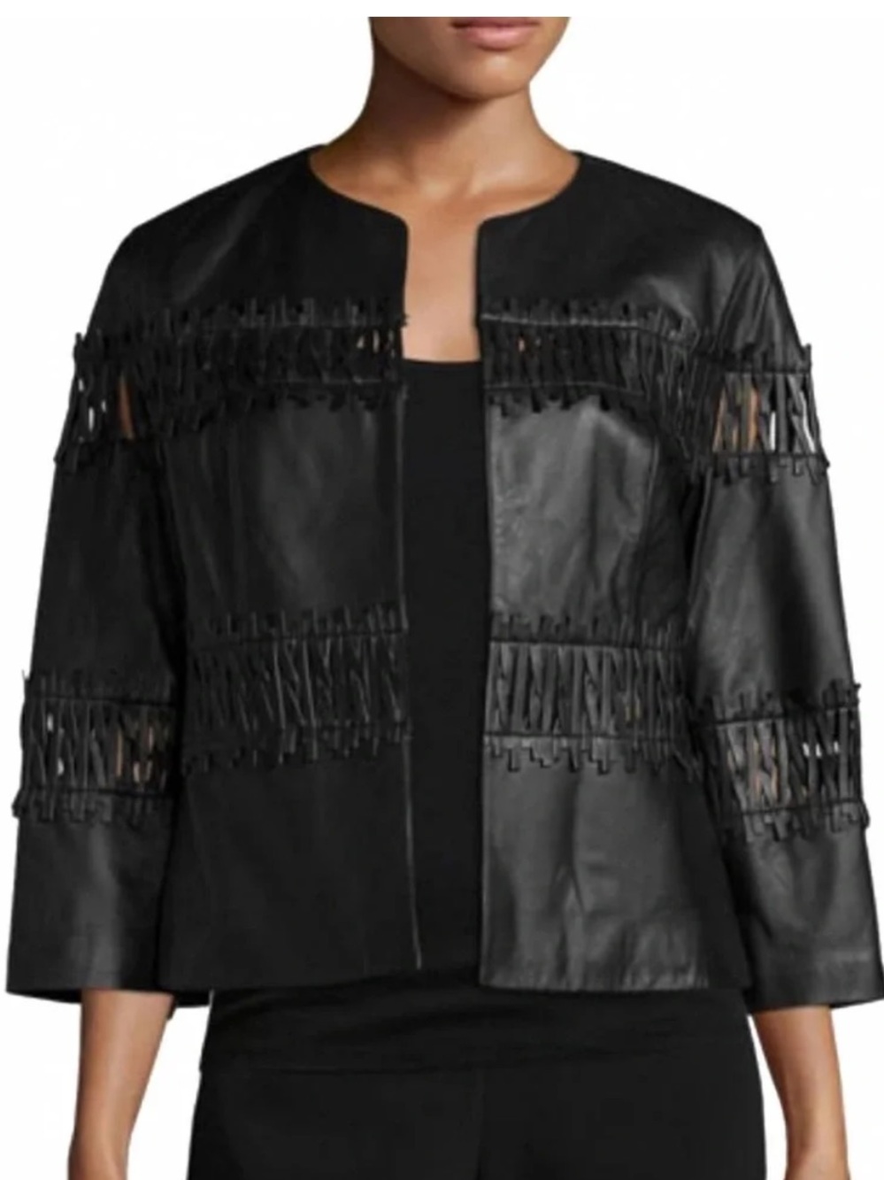 Lafayette 148 New York Black Leather Open-Front Jacket